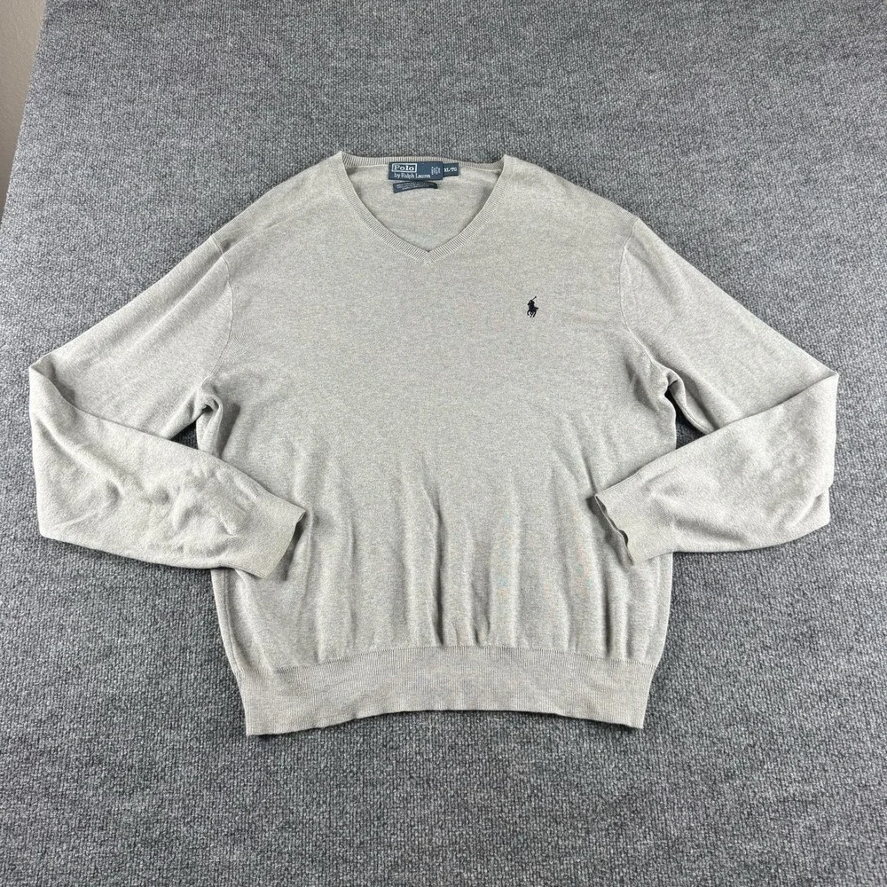 Polo By Ralph Lauren Sweater Mens XL Gray Pima Cotton V Neck Knit Pullover Logo